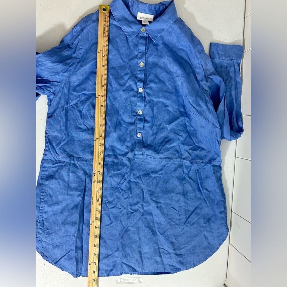 J Jill Love Linen Sz S Petite Blue Half Button Tunic With Side Pockets Roll Tab - Picture 12 of 12
